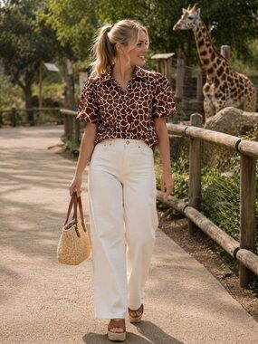 INC International Concepts Brown Giraffe-Print Short-Sleeve Button Shirt